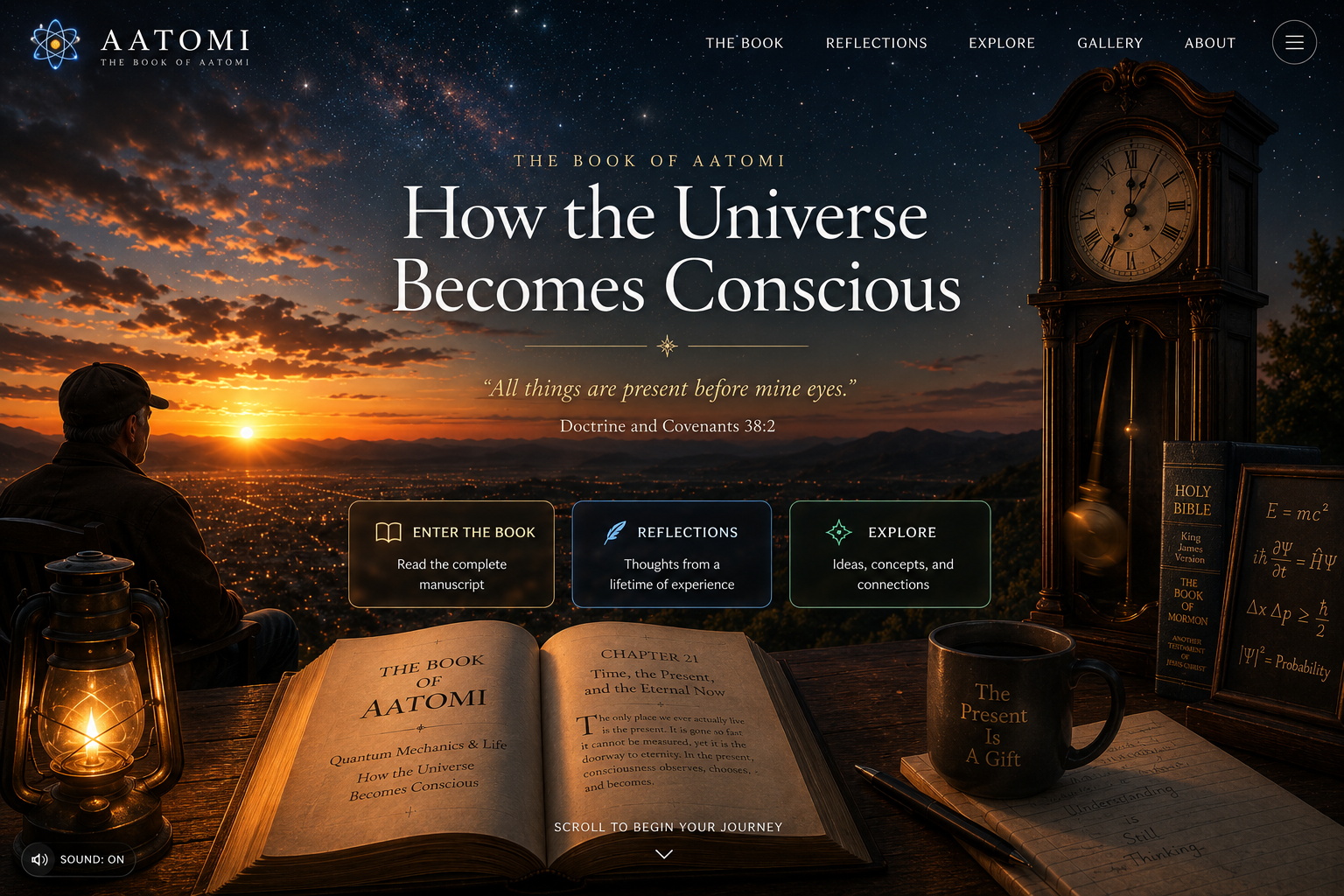 AATOMI sunset scene with book, clock, and lantern