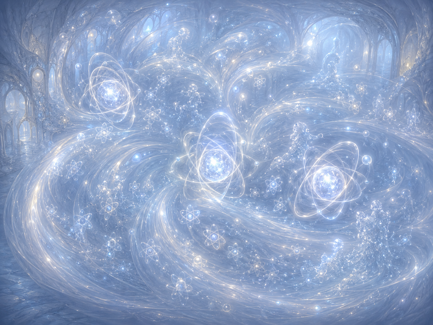 A luminous blue home-like realm of intelligences, not yet spirits, flowing in living patterns among atom-like forms.